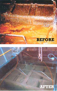 before and after images showing how an oil skimmer can remove surface oil in a storage pit