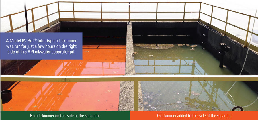 Before and after images that show how Oil Skimmers Inc Model 6V oil skimmer removed surface oil in an API pit.